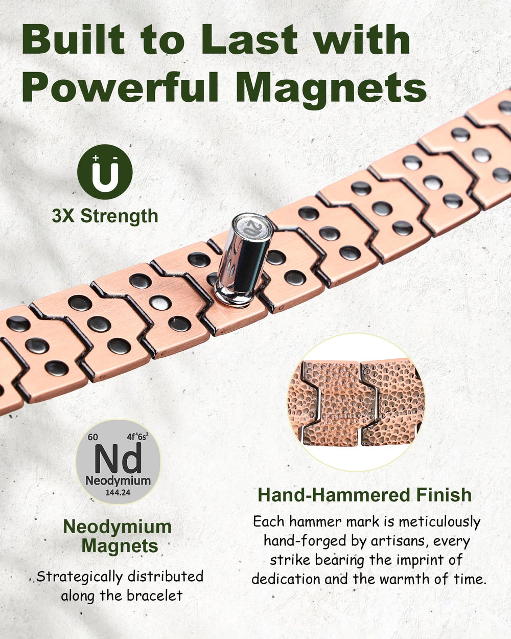 MagEnergy adjustable-length bracelet with sizing tool ensures precise fit.