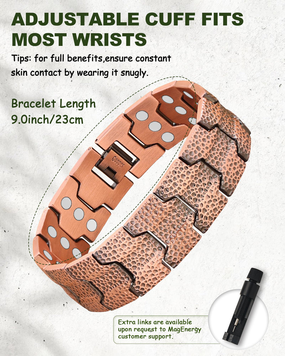 Copper bracelet worn on wrist pairs with casual and smart outfits.