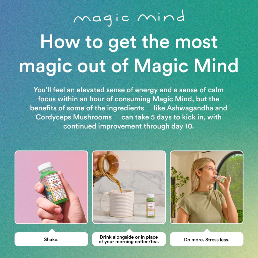 Magic Mind label highlights Lions Mane, Bacopa, and natural ingredients.