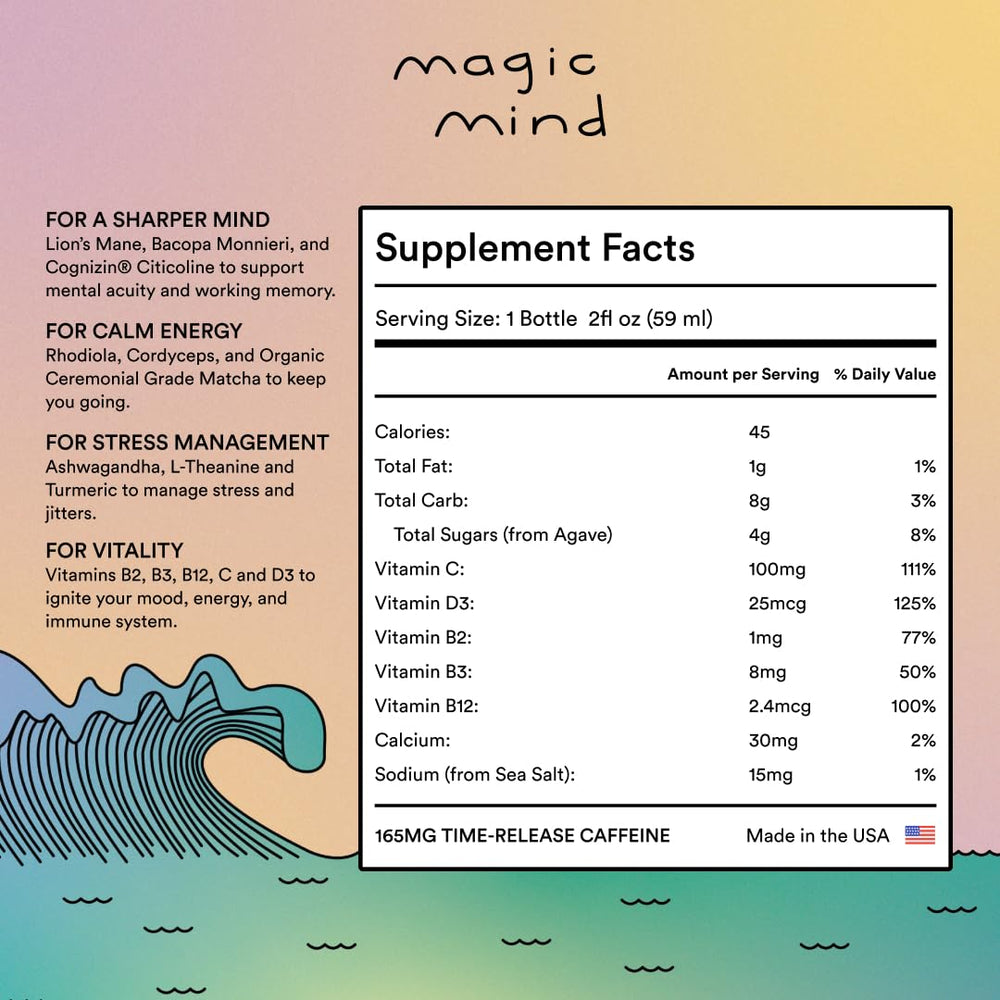 Magic Mind Maxx energy shot label closeup with clean ingredients for calm focus