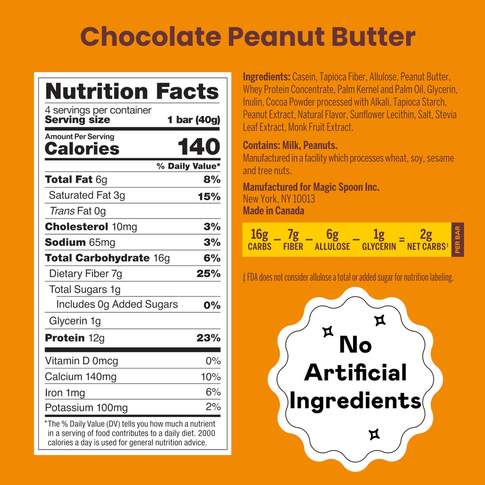 Magic Spoon Treats chocolate peanut butter bar closeup, rich flavor with 12-14g protein per bar.