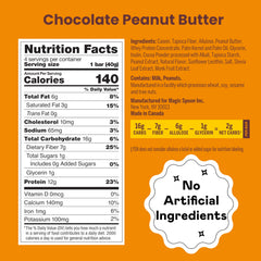 Magic Spoon Treats chocolate peanut butter bar closeup, rich flavor with 12-14g protein per bar.