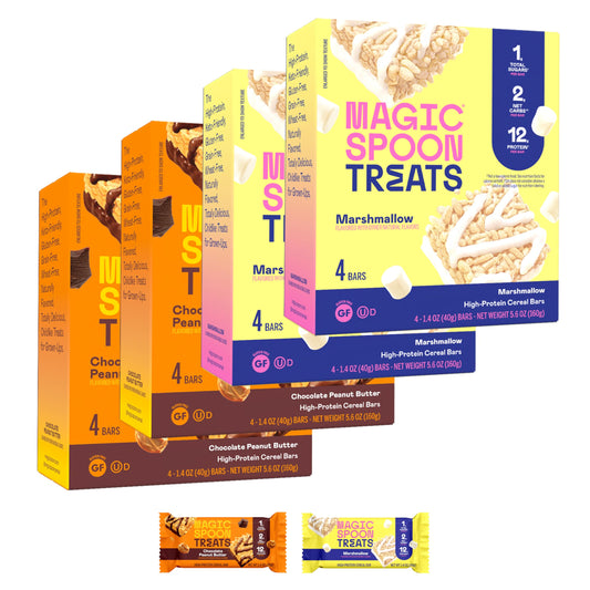 Magic Spoon Treats chocolate peanut butter bars, gluten-free protein snack with satisfying crunch.