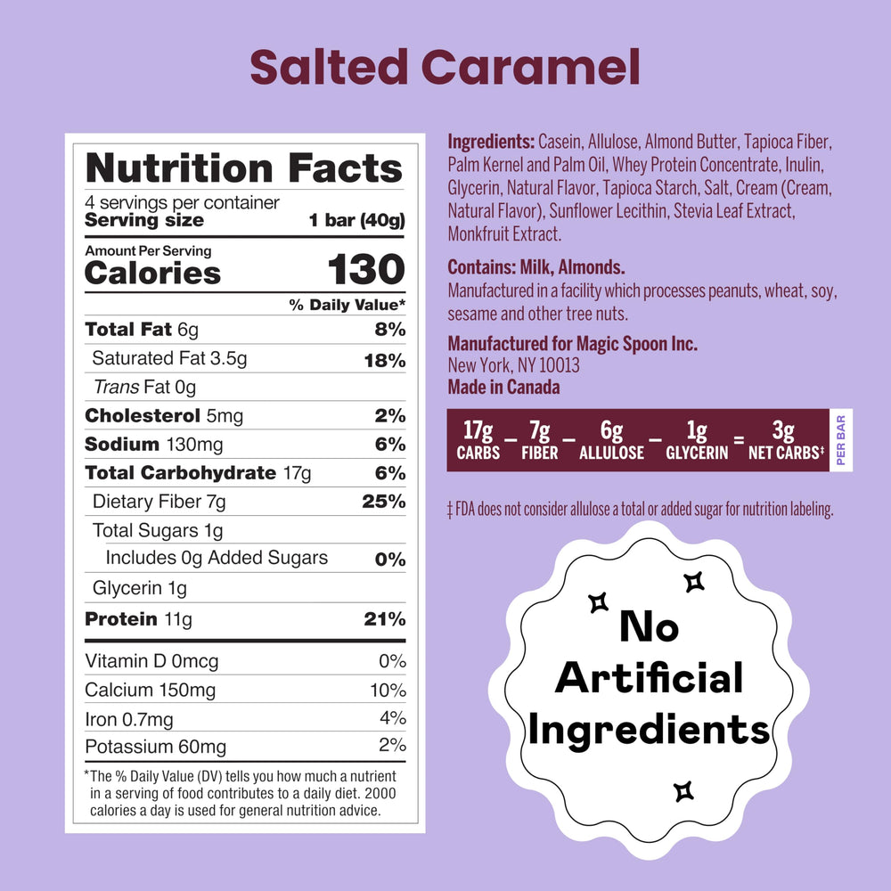 Magic Spoon Salted Caramel bar on display, highlighting packaging and nutrition