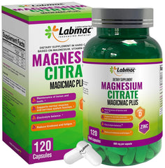 Magicmac Plus magnesium citrate bottle with 600 mg capsules for daily mineral support