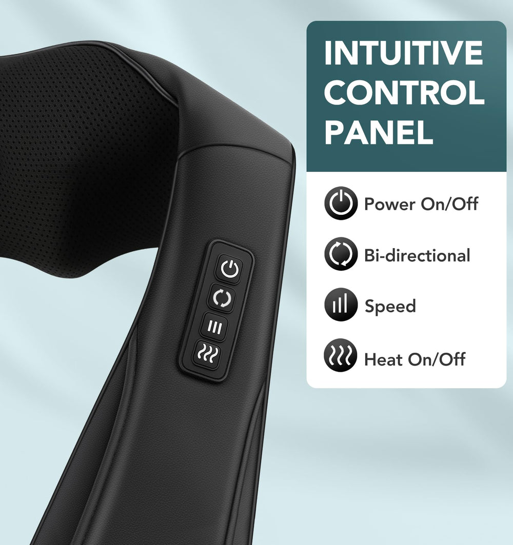 MagicMakers Electric Shiatsu Massager back view highlighting breathable cover and auto-reverse nodes.