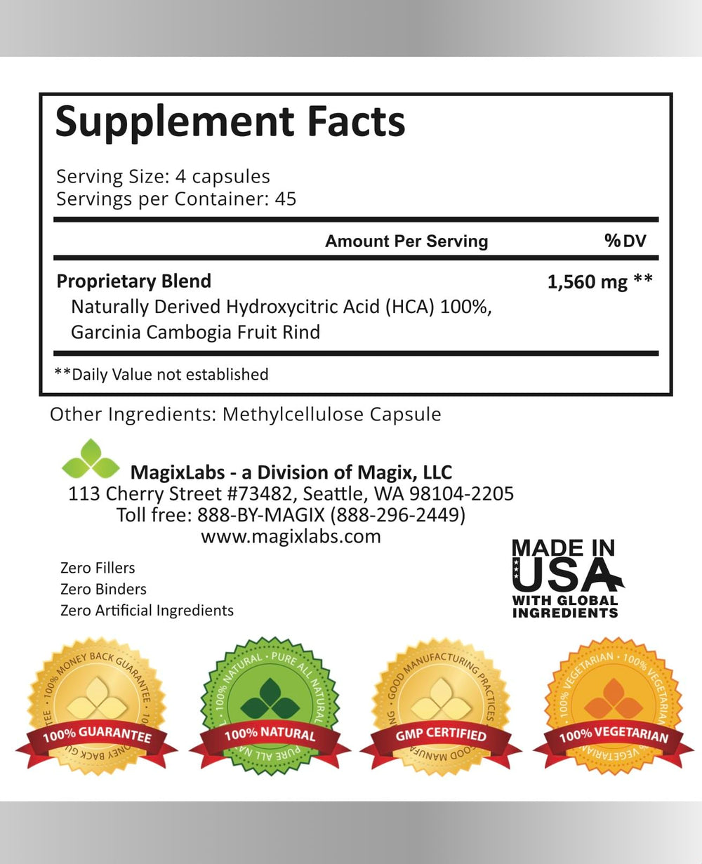 MagixLabs 100% HCA label close-up highlighting purity