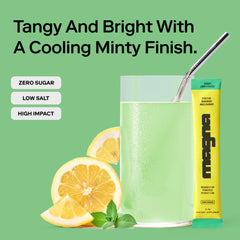 Glass of Magna Electrolytes Mint Lemonade ready to refresh a hydration routine.