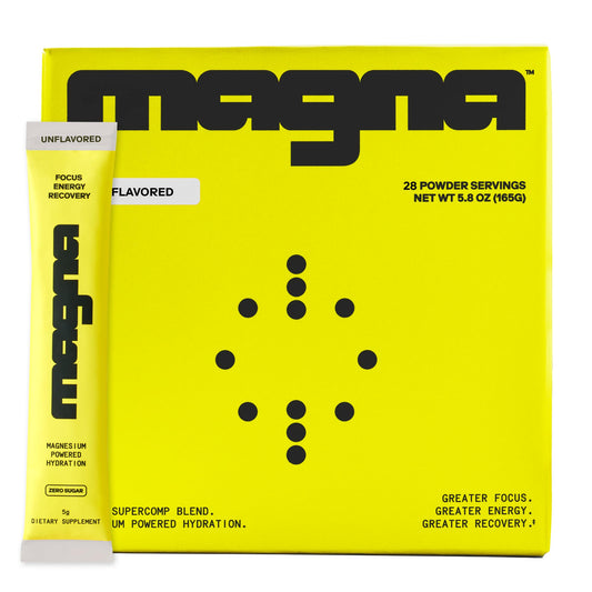 Magna Electrolytes powder bottle front promotes a convenient hydration option for daily activities.