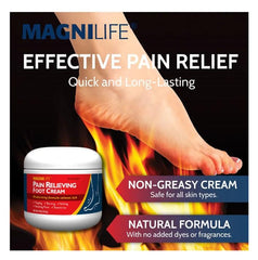 MagniLife Foot Cream application close-up; hydrates and calms skin during use.
