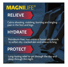 MagniLife Pain Relieving Foot Cream jar label; highlights ingredients and no petroleum.