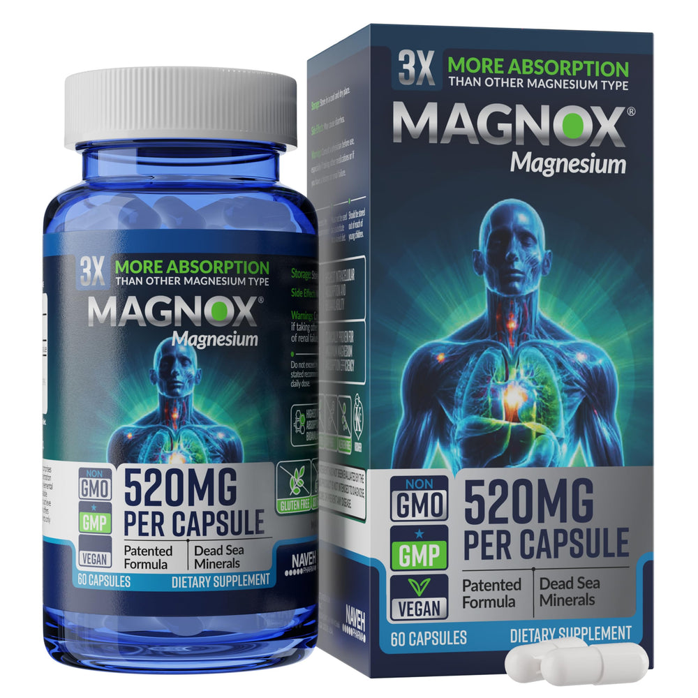 Magnox 520 bottle front shows logo and dosage for daily magnesium support.