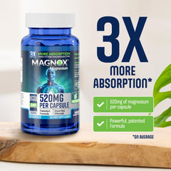 Magnox 520 capsules close-up shows vegan formula for clean nutrition.