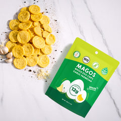 Magos Egg Chips nutrition panel highlights 12g protein per bag.