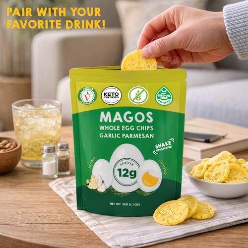 Magos Egg Chips Huevos Rancheros bag emphasizing zesty, protein-rich bite.