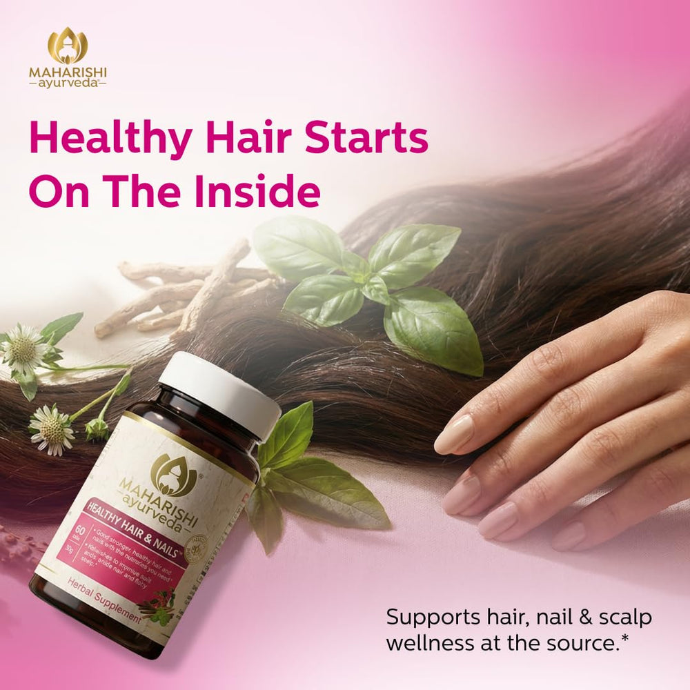 Maharishi Ayurveda Healthy Hair & Nails blend of eclipta, ashwagandha and tinospora for hair resilience.