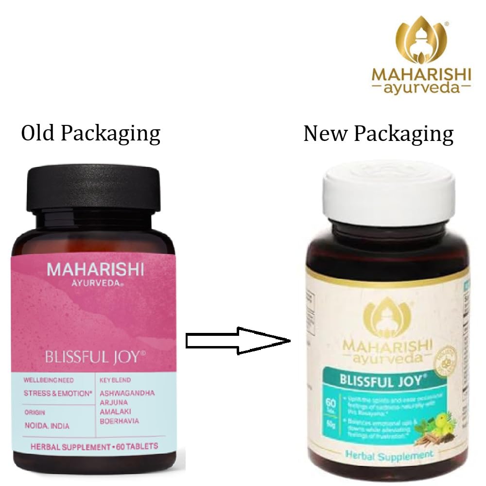 Maharishi Ayurveda Blissful Joy tablets closeup showing dosage for mood support