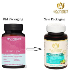 Maharishi Ayurveda Blissful Joy tablets closeup showing dosage for mood support