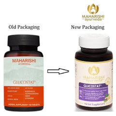 Maharishi Ayurveda Glucostat tablets close-up highlighting herbal blend for sugar balance.