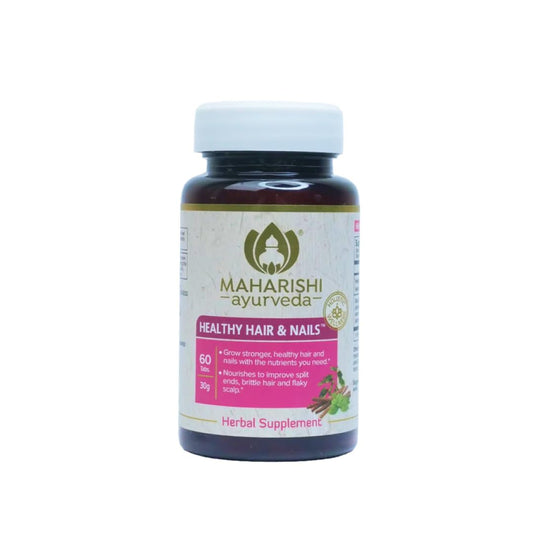 Maharishi Ayurveda Healthy Hair & Nails bottle with capsules for daily vitality support.
