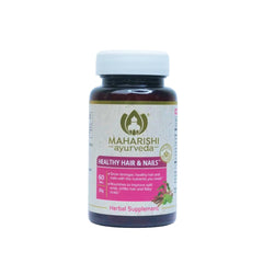Maharishi Ayurveda Healthy Hair & Nails bottle with capsules for daily vitality support.