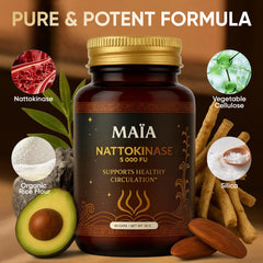 Ingredients panel of Maïa nattokinase highlighting plant-based formula.