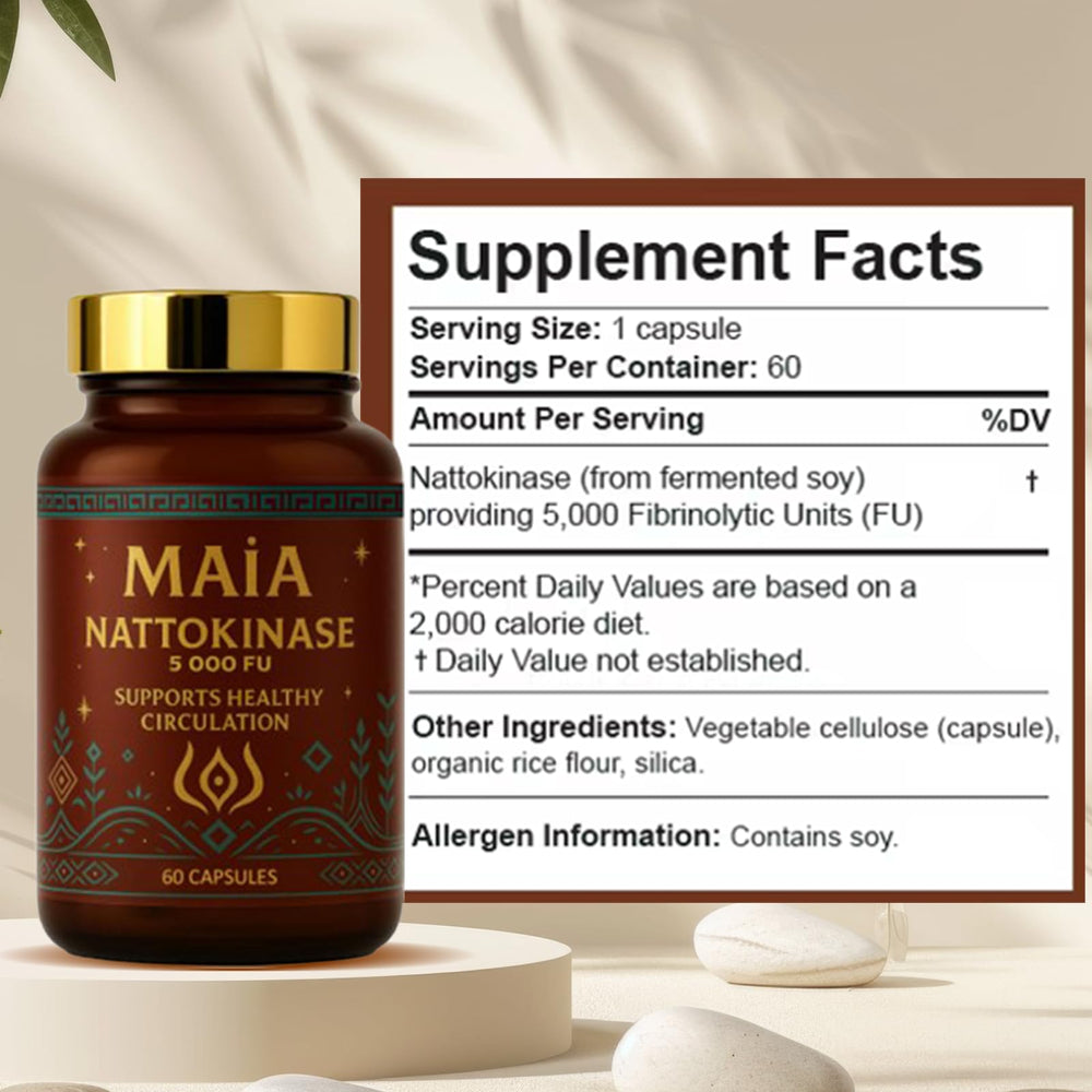 Maia Nattokinase capsules close-up highlighting 5,000 FU potency for circulation.