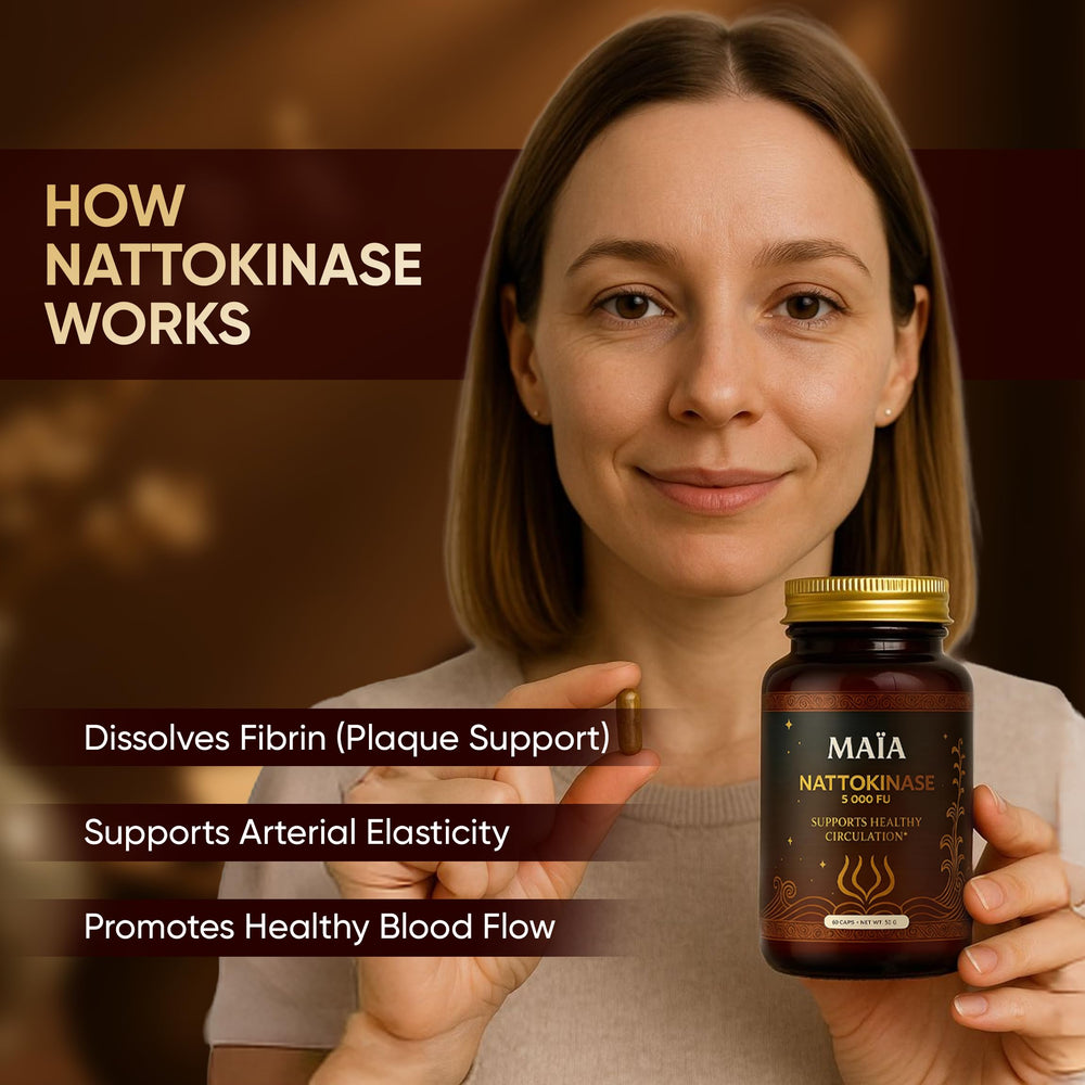Zero sugar label visible on Maïa nattokinase packaging.
