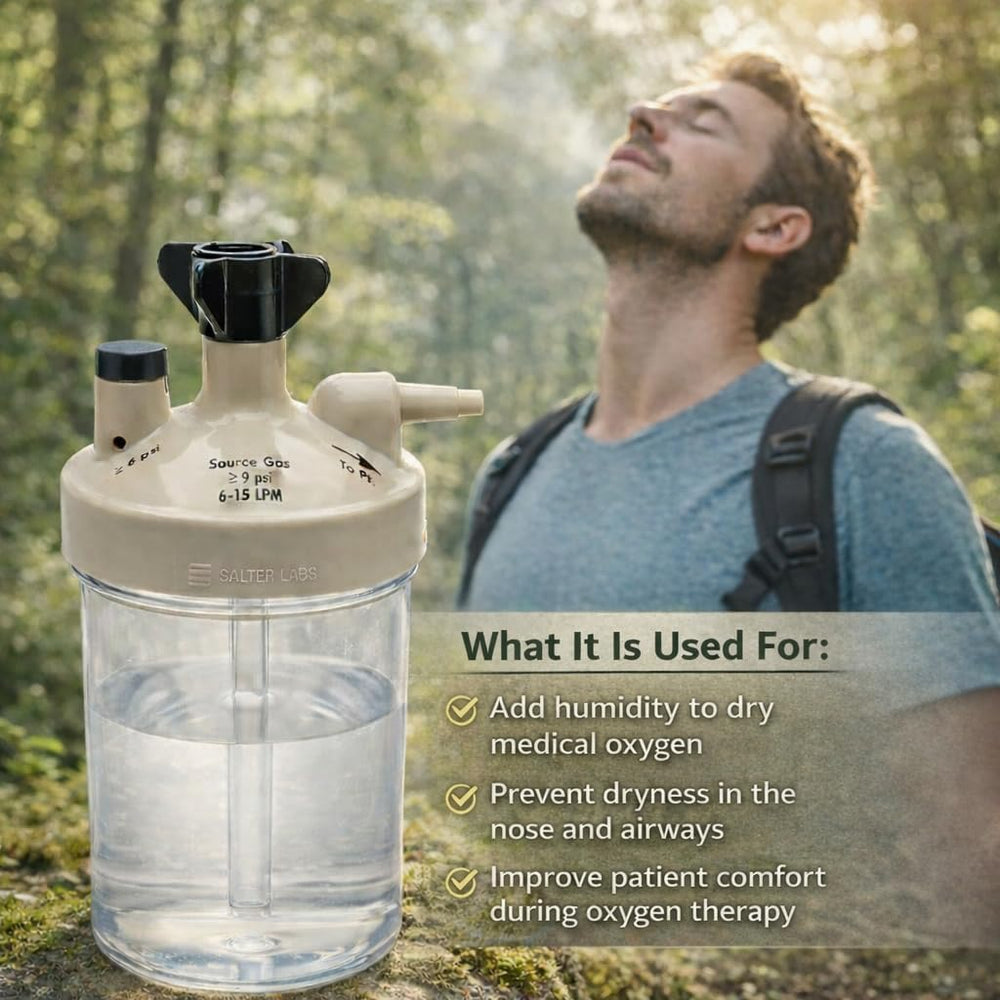 Main Clinic Supply humidifier bottle in use at home with oxygen concentrator setup