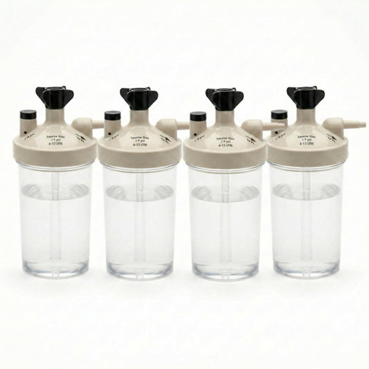 Main Clinic Supply high flow humidifier bottle attached to oxygen concentrator shows smooth moisture delivery