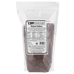 Maine Coast Dulse Flakes jar close-up, ideal for adding savory umami to soups.