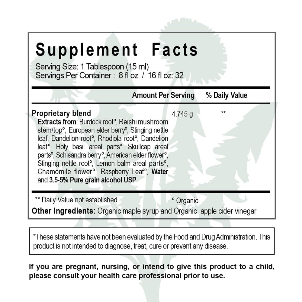 Ingredient snapshot showing dandelion, nettle, burdock and reishi for holistic wellness