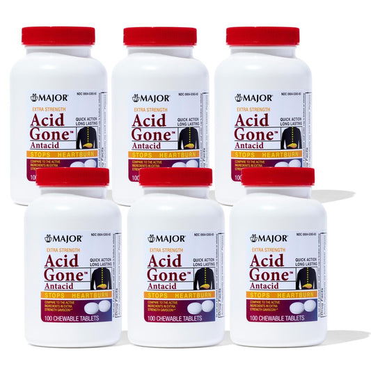 Major Acid Gone extra-strength chewable tablets in blister pack for fast post-meal relief.