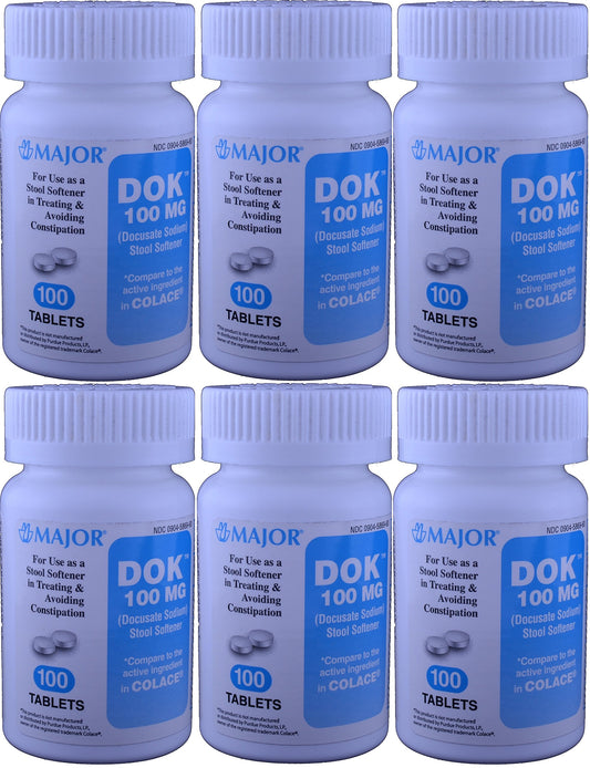 MAJOR Docucate Sodium 100 mg tablets bottle front showing product details and usage idea