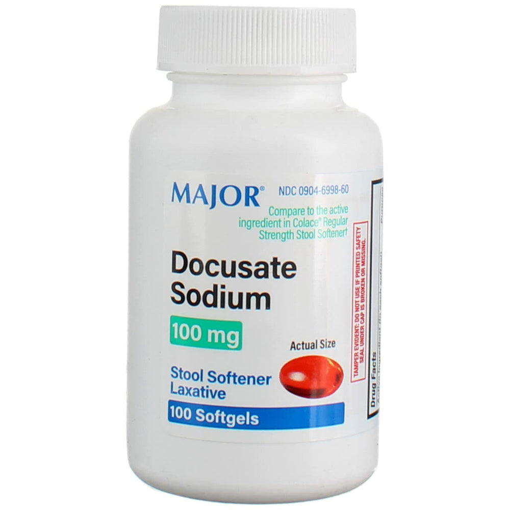 MAJOR docusate sodium softgels in bottle for gentle, non-stimulant relief.