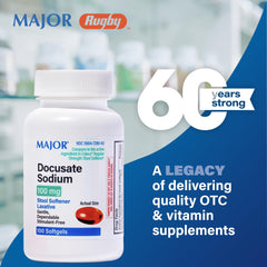 Closeup of MAJOR 100 mg softgels designed for occasional constipation support.