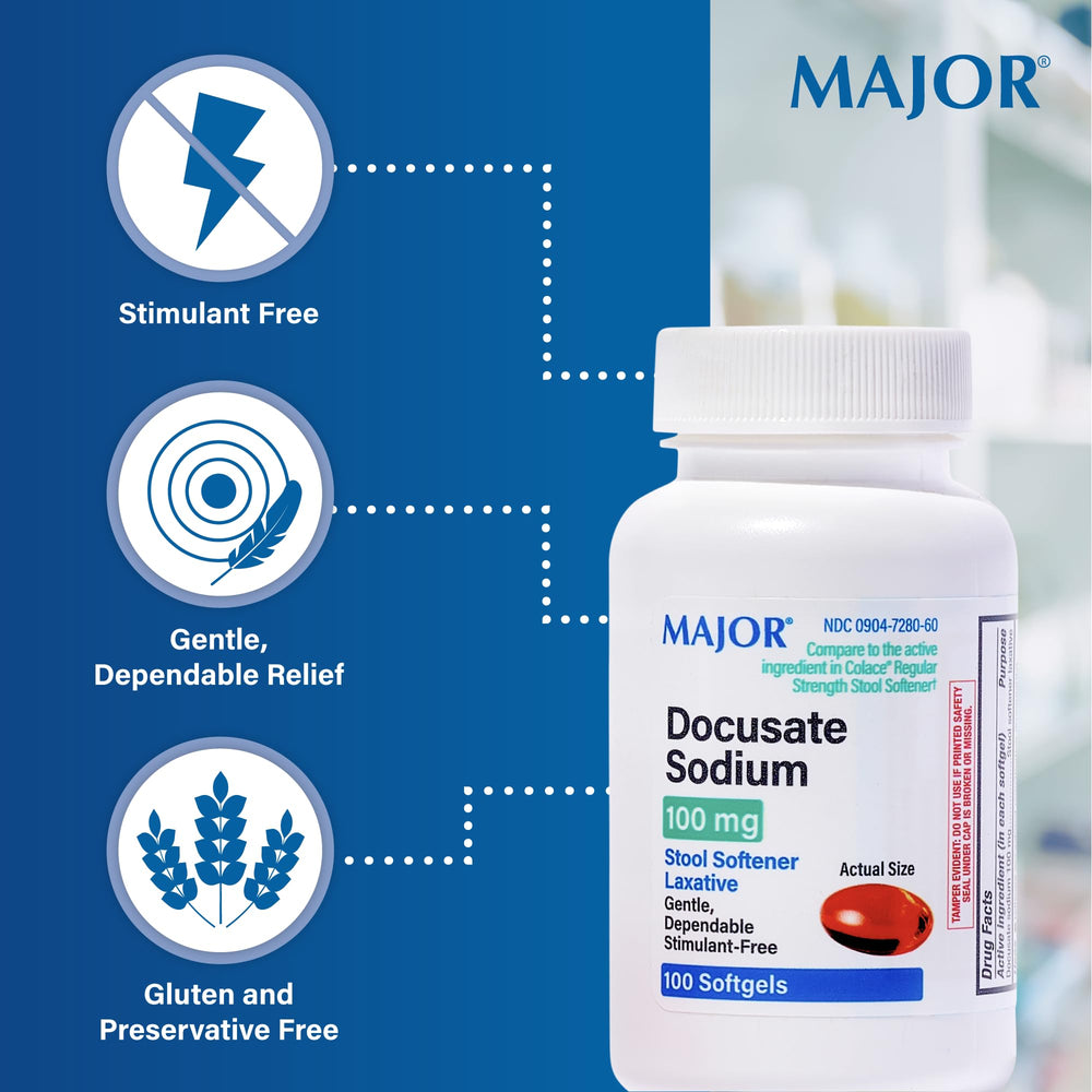 Label detail highlights stimulant-free formulation of MAJOR softgels.