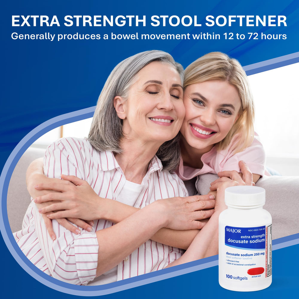 MAJOR Docusate Sodium 250 mg softgels pouring bottle shows easy dose and accessibility.