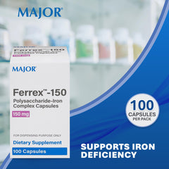 MAJOR Ferrex-150 bottle back showing ingredient details and dosing