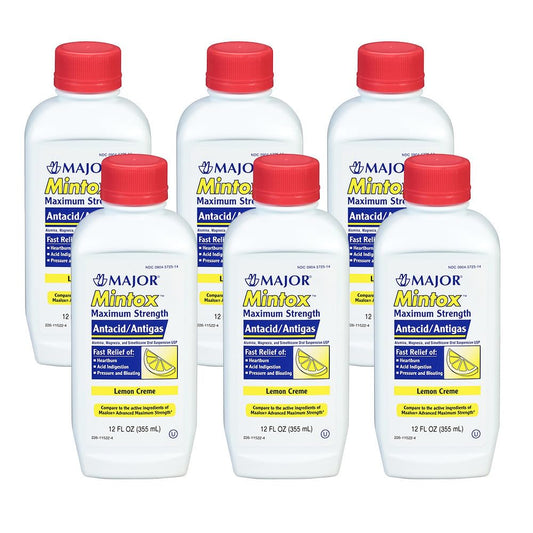MAJOR Mintox maximum-strength antacid bottle with lemon creme flavor for fast heartburn relief.