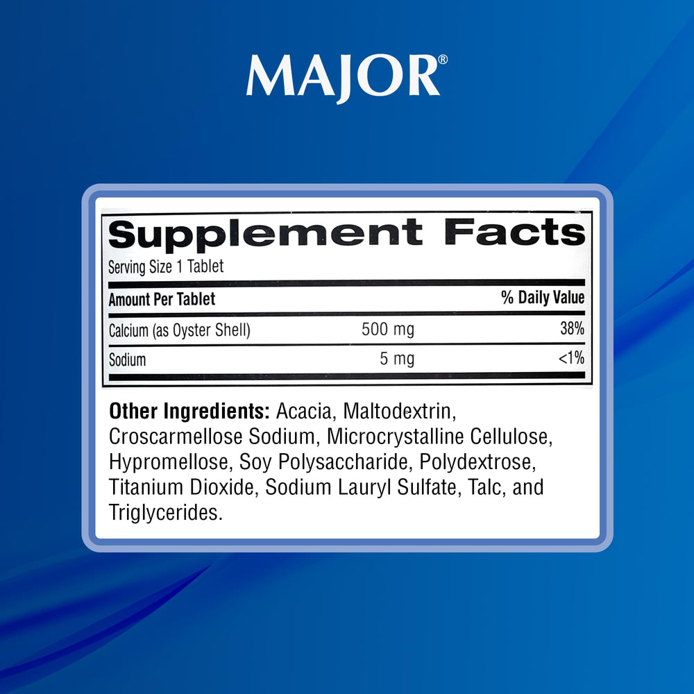 MAJOR Oyster Shell Calcium gluten-free label indicating safe dietary choice.