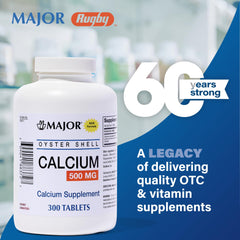 Major Oyster Shell Calcium bottle highlights gluten-free formulation and soy-containing ingredients.