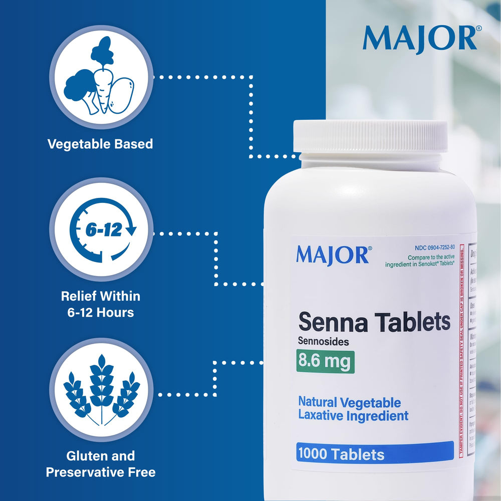 Close-up of MAJOR Senna label with dosage directions.