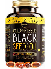 Maju Black Seed Oil Capsules bottle closeup for digestive and joint support