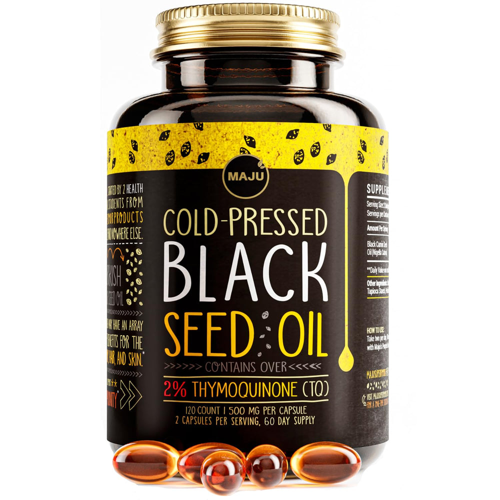 Maju Black Seed Oil Capsules bottle featuring Turkish origin and halal-friendly labeling.