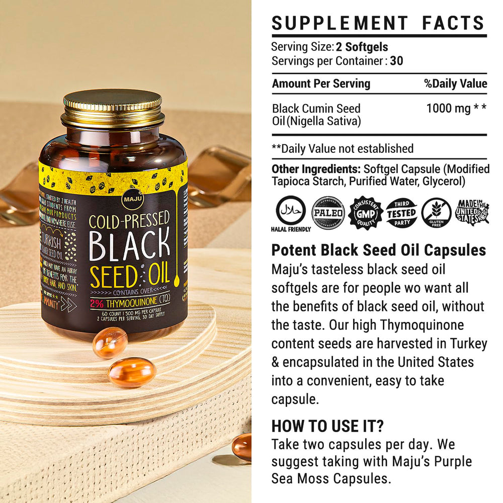 Maju Black Seed Oil Capsules capsule close-up highlighting premium oil