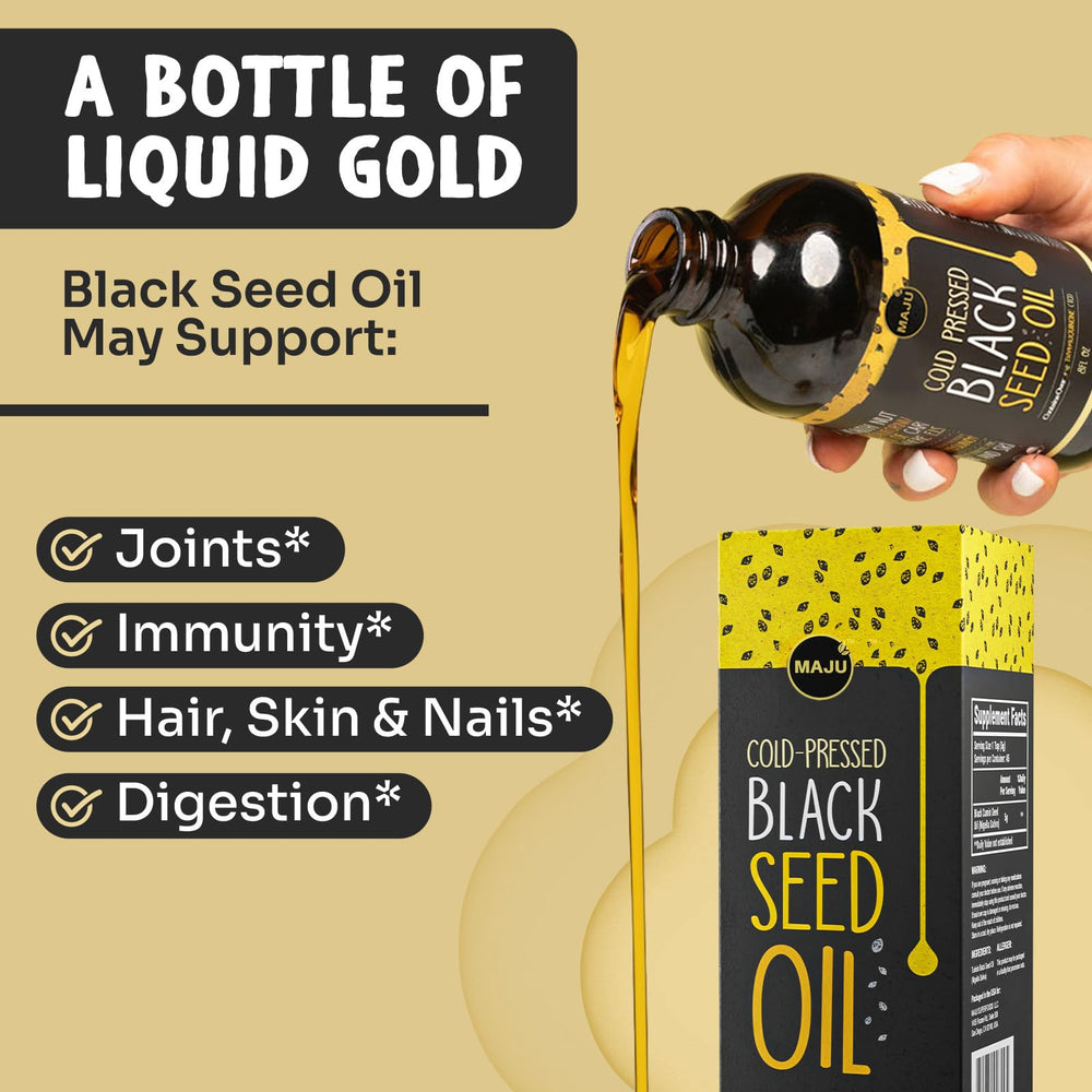 MAJU Black Seed Oil liquid form indicates versatile daily use and simple dosing.