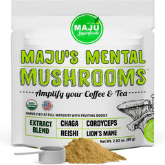MAJU Mental Mushroom bottle label for extract, suggesting daily cognitive support.