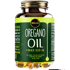 MAJU Oregano Capsules bottle showing high-potency oregano and black seed oil.