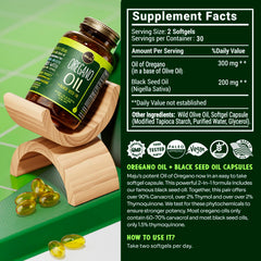 MAJU Oregano Capsules ingredients scene featuring oregano and black seed oil.